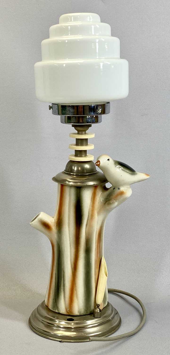 ART DECO BAKELITE & POTTERY TABLE LAMP, bird on a branch, metal base with pen holder, opaque