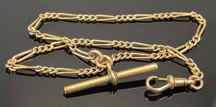 9CT ROSE GOLD FIGARO LINK ALBERT CHAIN WITH T-BAR & CLASP, 30cms L, 5.5g Provenance: deceased estate