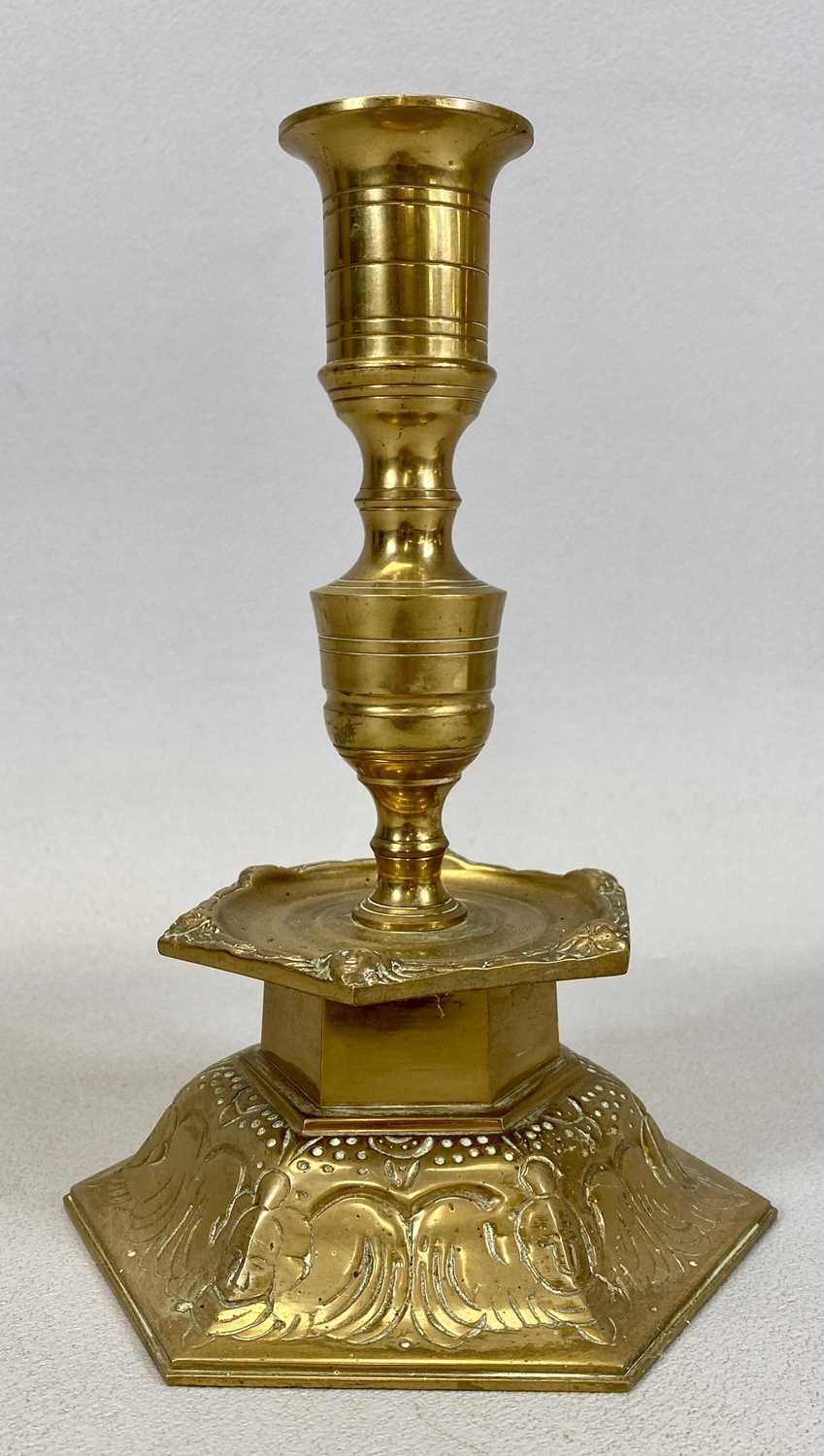 PAIR OF YSTAD METALL SWEDISH CAST BRASS CANDLESTICKS, with hexagonal mid column drip trays and domed - Image 2 of 2
