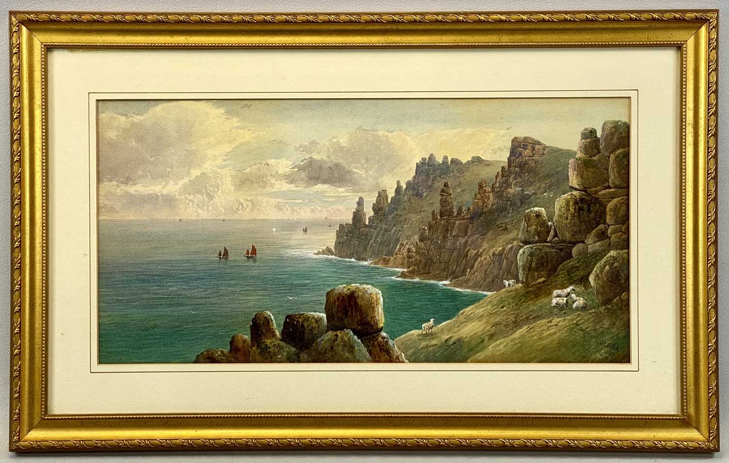 JOHN CLIVE WREN (British. 1845-1932) watercolour - rocky coastal scape with sheep in foreground, - Image 2 of 4