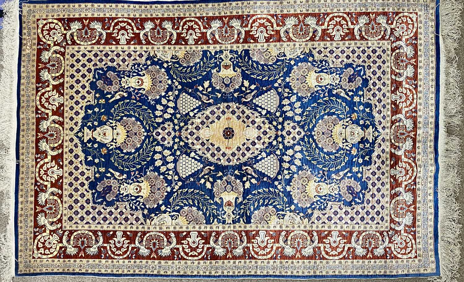 TURKISH HAND MADE SILK CARPET, blue, red and cream ground, centre field with oval medallion, birds - Image 2 of 3