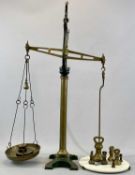 VICTORIAN BRASS & CAST IRON BEAM SCALES, one side with pear shaped weight over brass pan opposite
