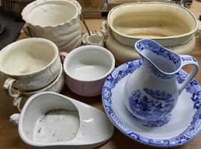 POTTERY WASH SETS & OTHER ITEMS including a five-piece lustre glazed jug and bowl set, Victorian