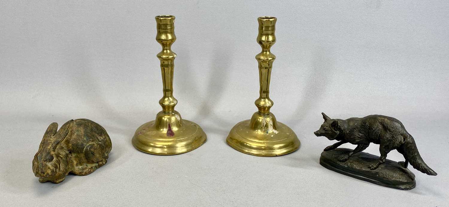 METAL WARE GROUP comprising (1) pair 18th Century brass candle sticks with broad circular bases