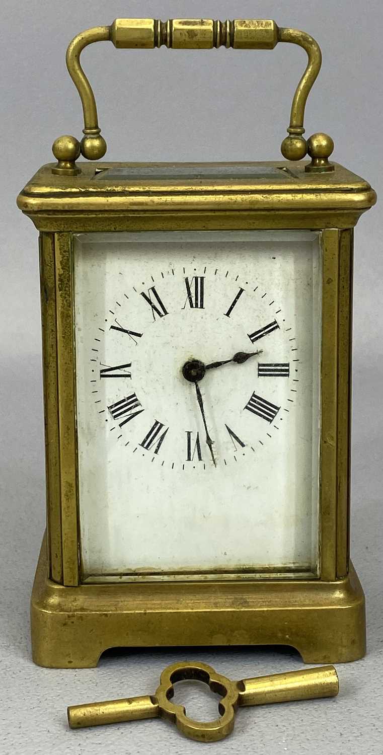 GILT BRASS CASED CARRIAGE CLOCK, white enamel dial, Roman numerals, 12cms H, leather travel case,
