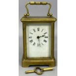 GILT BRASS CASED CARRIAGE CLOCK, white enamel dial, Roman numerals, 12cms H, leather travel case,