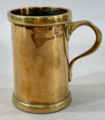 VICTORIAN BRASS HALF-PINT TANKARD of plain cylindrical design, stamped marks, 10cms (h)