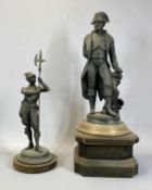 SPELTER FIGURES comprising Napoleon against pillar on associated rustic wooden base, 58cms H, and