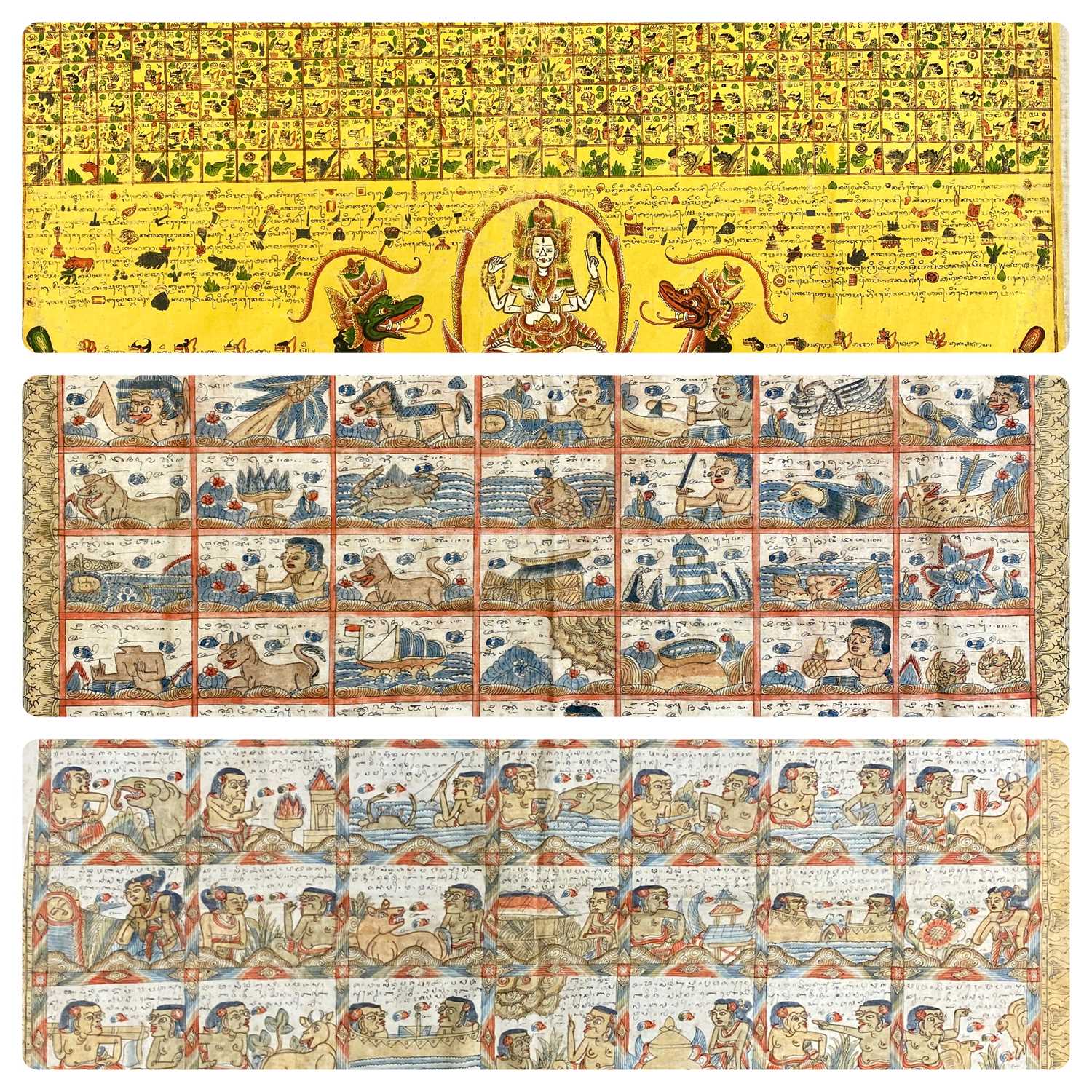 BALINESE KAMASAN SCHOOL three calendars hand painted on cloth, 81 x 94cms, 50 x 88cms and 43 x 60cms