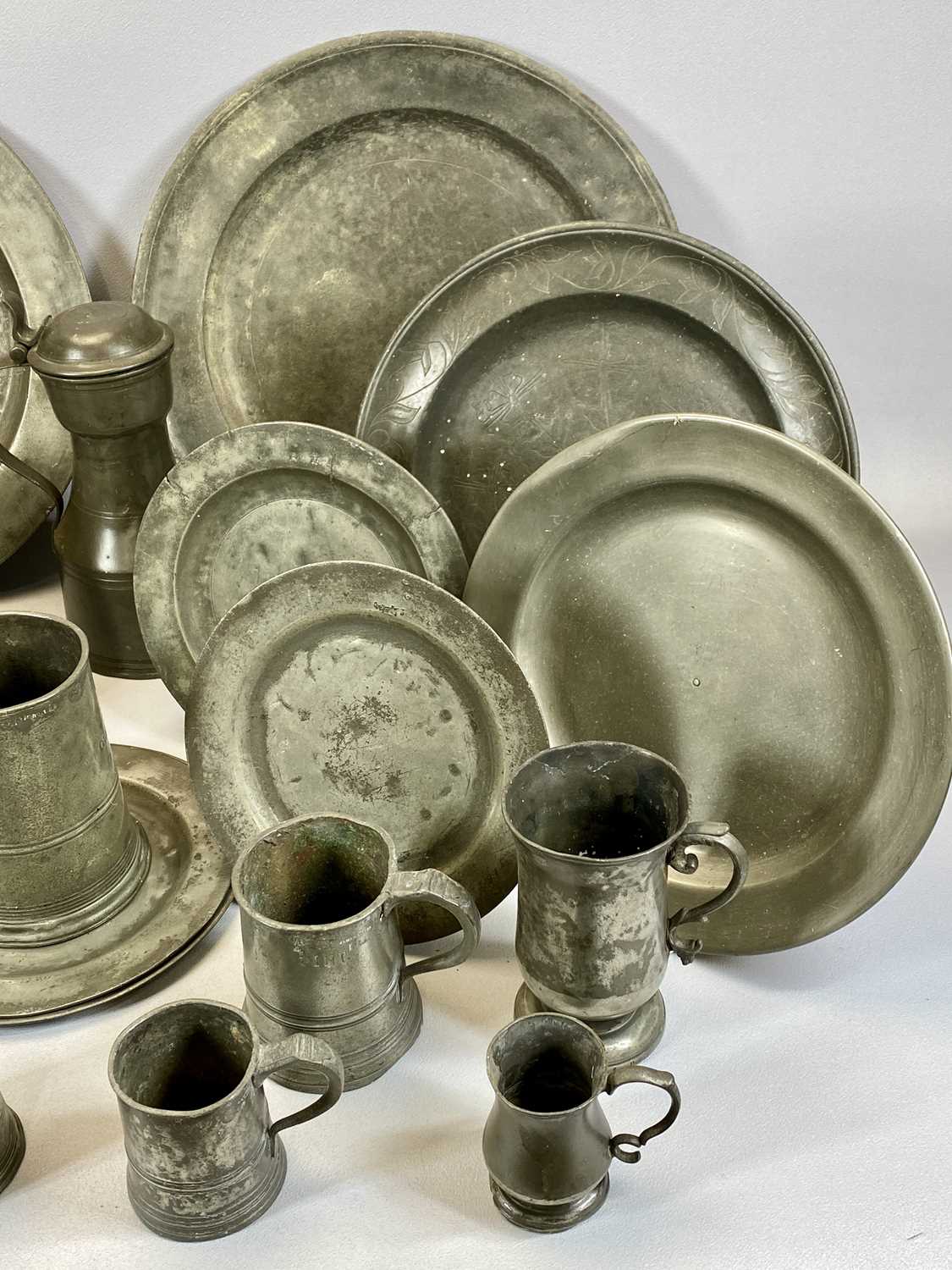 COLLECTION OF 18TH CENTURY & LATER PEWTER, including tappit hen tankard, 28cms H, tankards and - Image 2 of 3