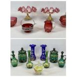 SIX PEICES OF VICTORIAN & LATER CRANBERRY GLASSWARE, to include a pair of frilly edge comports on