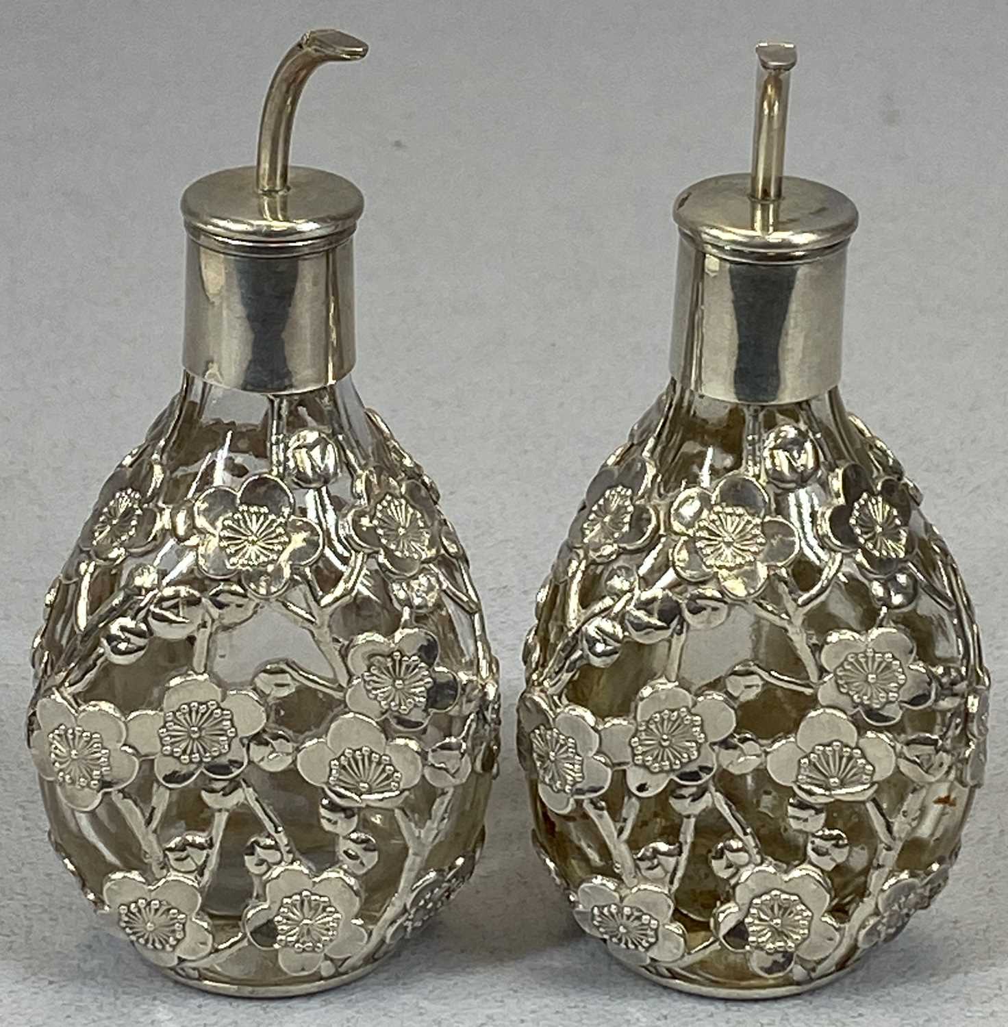 PAIR OF CHINESE SILVER MOUNTED SCENT BOTTLES, dimpled format glass with prunus blossom overlay and - Image 2 of 3