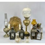 LAMPS & OTHER ACCESSORIES, brass oil lamp with black surrounding base, single burner, etched