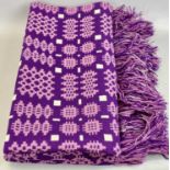 WELSH WOOLEN TAPESTRY BLANKET, fringed and double-sided, purple, pink and cream geometric pattern,