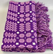 WELSH WOOLEN TAPESTRY BLANKET, fringed and double-sided, purple, pink and cream geometric pattern,