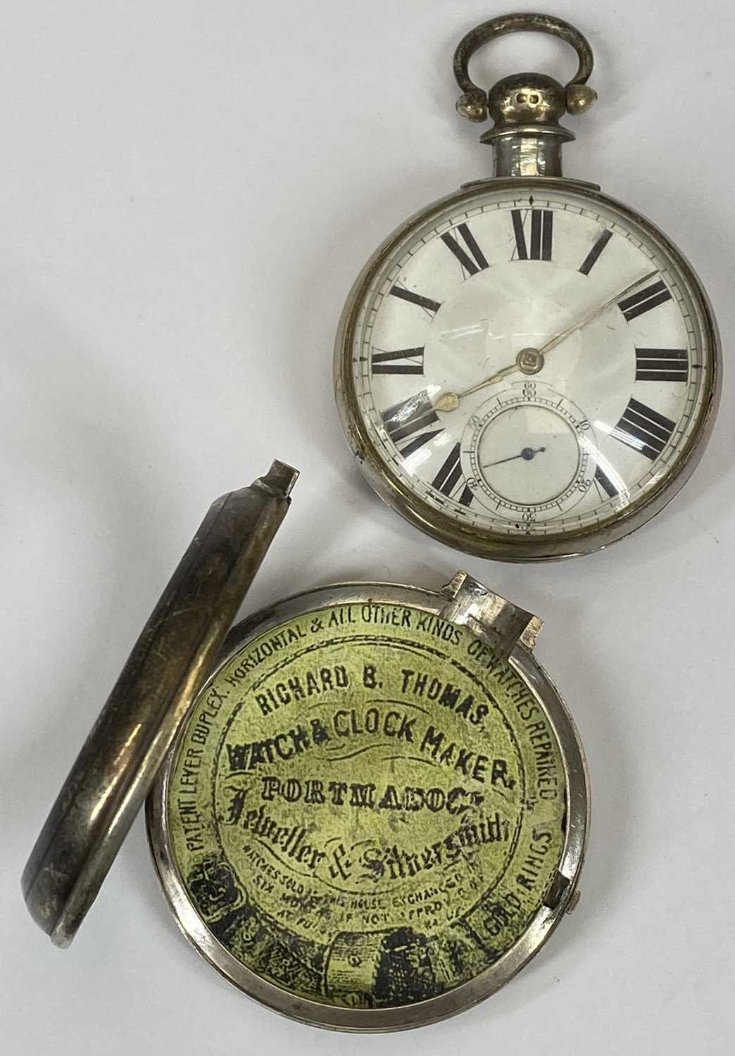 RICHARD B THOMAS, PORTHMADOG, VICTORIAN SILVER PAIR CASED VERGE POCKET WATCH, white enamel dial with - Image 2 of 3