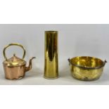 ANTIQUE METALWARE including a trench art brass shell case, engraved with military crest and flags,