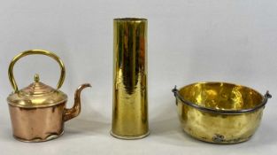 ANTIQUE METALWARE including a trench art brass shell case, engraved with military crest and flags,