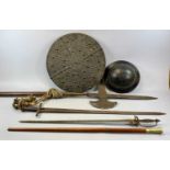 VARIOUS ANTIQUE STYLE WEAPONS AND OTHER ITEMS including a Halberd with wooden shaft, 224 (h), 102cms