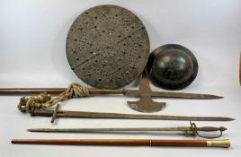 VARIOUS ANTIQUE STYLE WEAPONS AND OTHER ITEMS including a Halberd with wooden shaft, 224 (h), 102cms