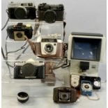 COLLECTION OF CAMERAS AND ACCESSORIES including a Coronet "Vogue" bakelite cased bellows camera, a