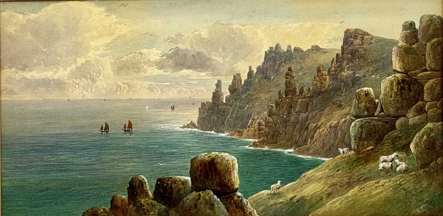 JOHN CLIVE WREN (British. 1845-1932) watercolour - rocky coastal scape with sheep in foreground,