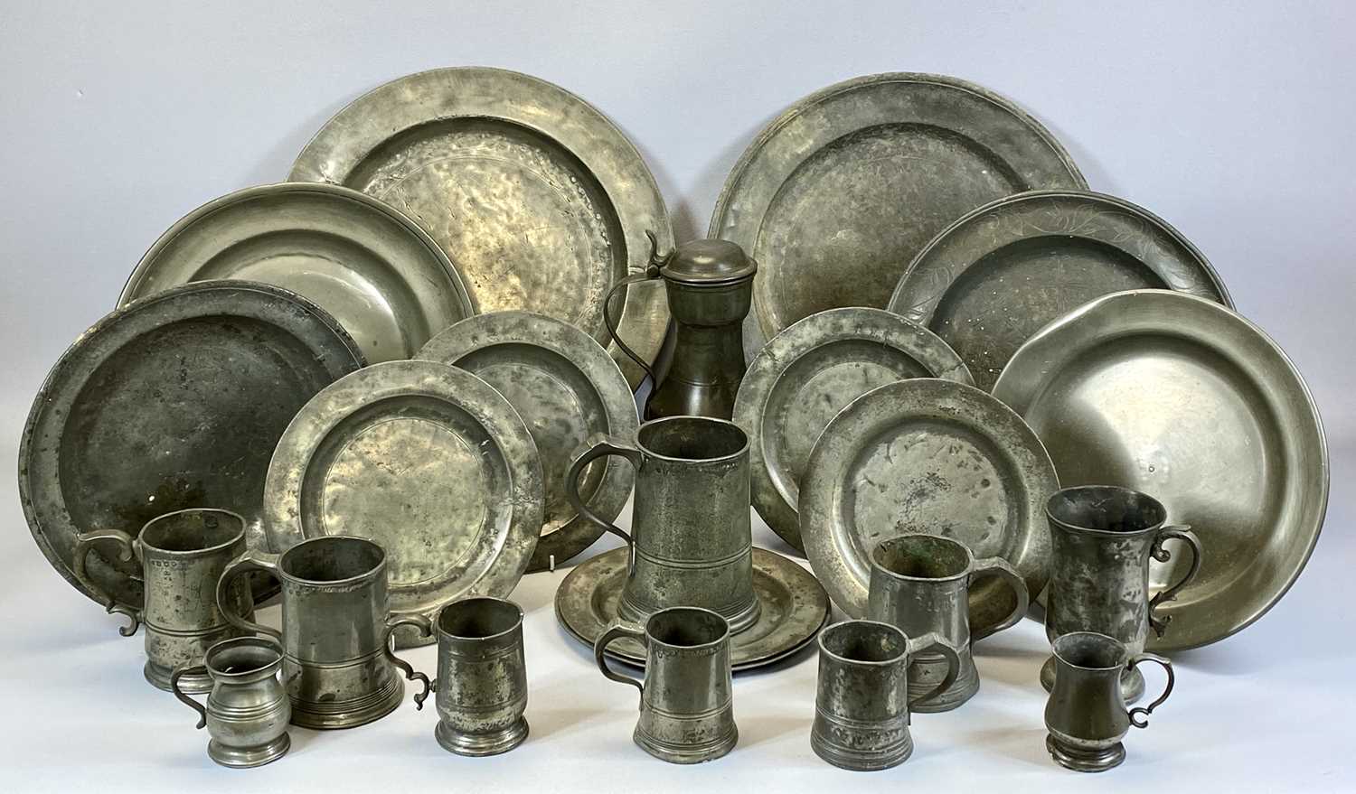 COLLECTION OF 18TH CENTURY & LATER PEWTER, including tappit hen tankard, 28cms H, tankards and