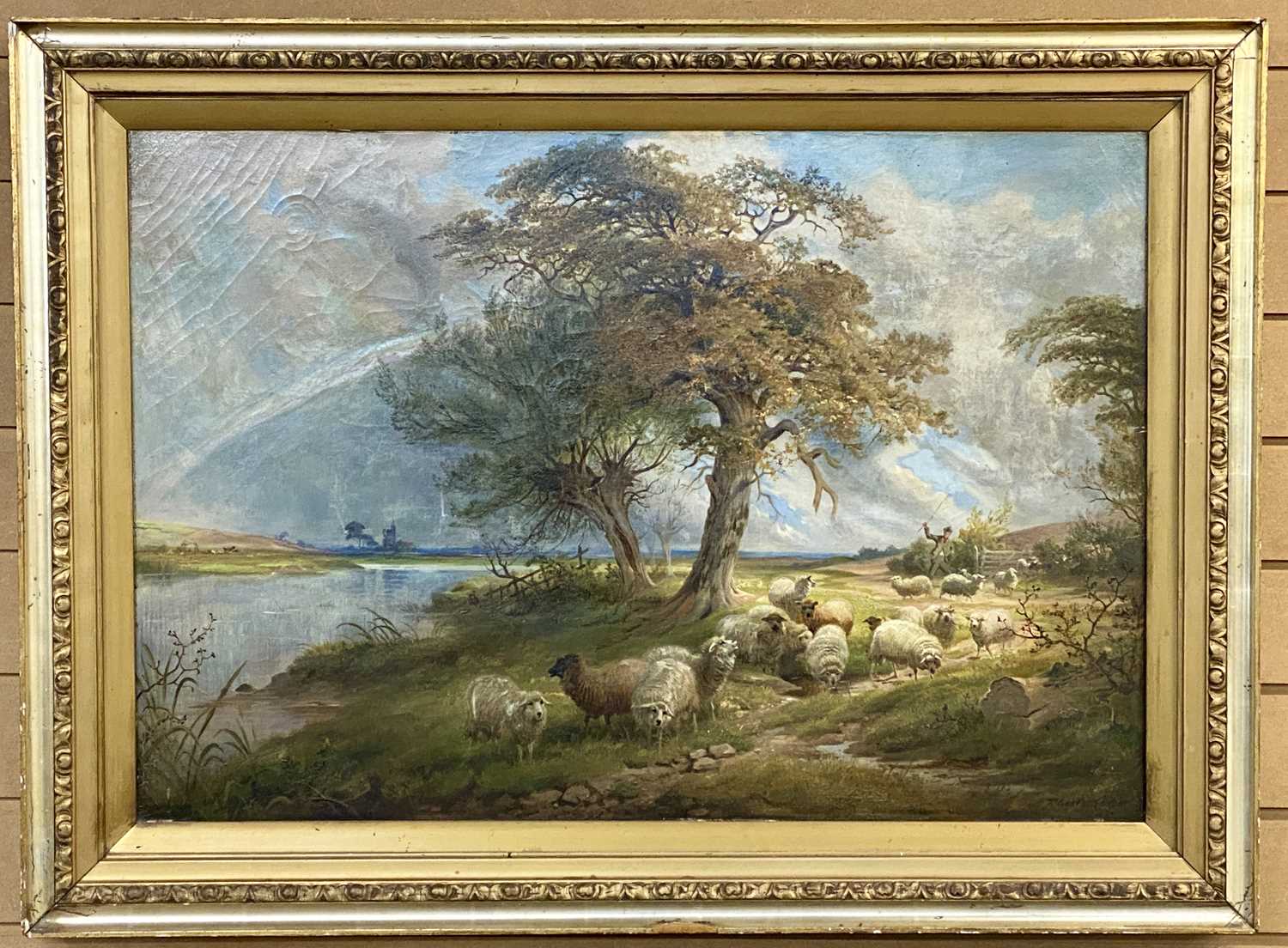 THOMAS GEORGE COOPER (British, 1836 - 1901) oil on canvas - flock of sheep with shepherd beneath