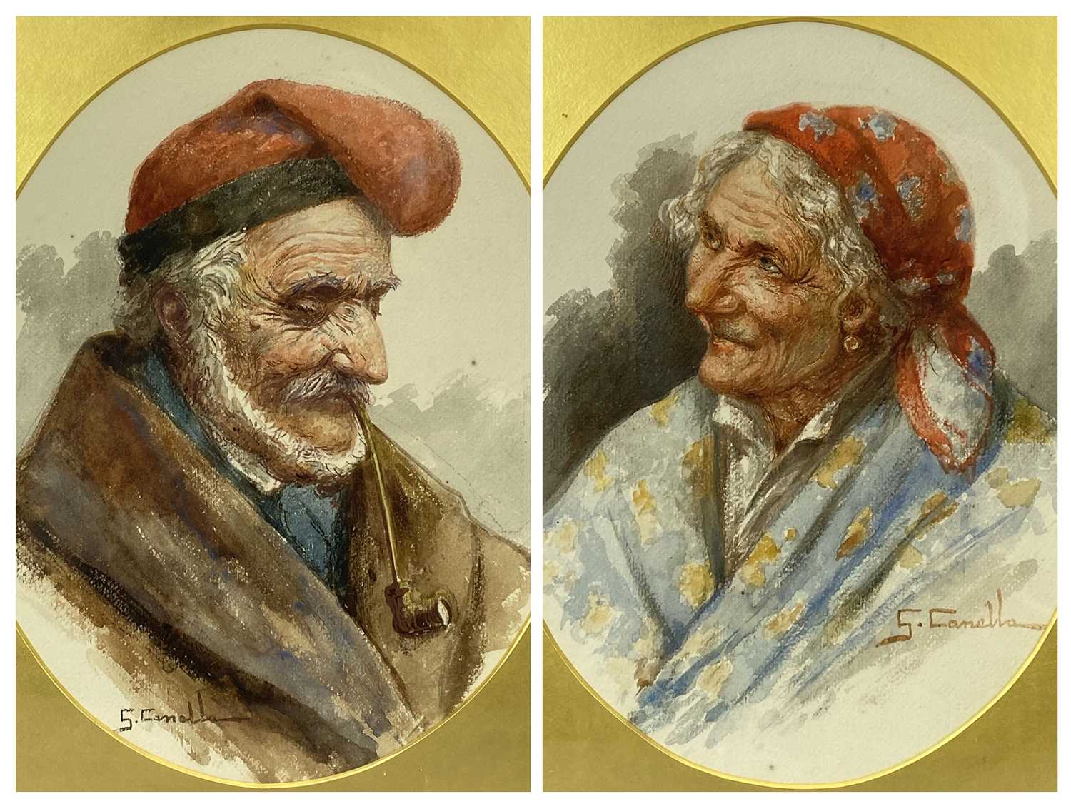 GIUSEPPE CANELLA (Italian 1837-1917) pair of oval watercolours - Neopolitan couple, signed lower
