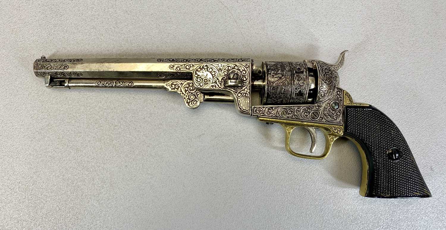 FIVE REPLICA PISTOLS, Spanish 9-shot revolver, 37cms L, Deringer, 17cms L, Spanish Griffin pocket - Image 4 of 6