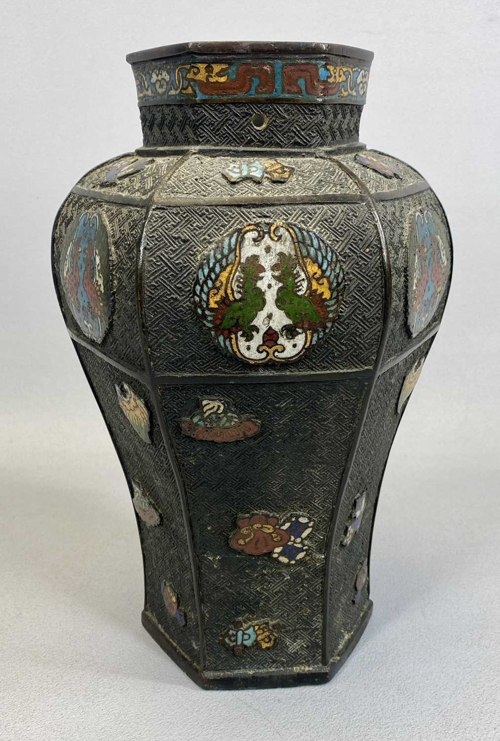 CHINESE BRONZE & CHAMPLEVE ENAMEL VASE LATE 19TH/EARLY 20TH CENTURY, of hexagonal baluster form, - Image 2 of 3
