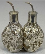 PAIR OF CHINESE SILVER MOUNTED SCENT BOTTLES, dimpled format glass with prunus blossom overlay and