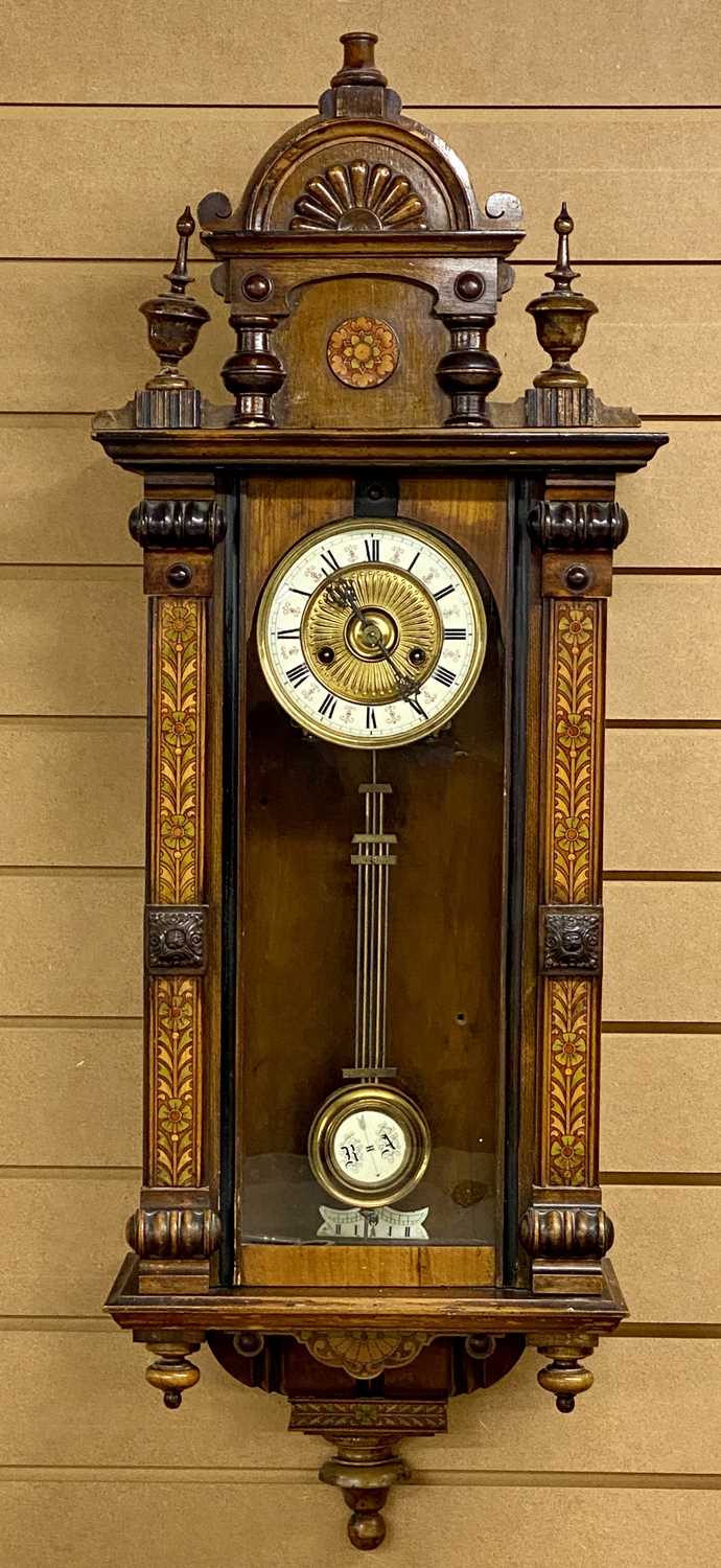 BEECH CASED VIENNA-TYPE WALL CLOCK, early 20th Century, the case with painted faux inlaid