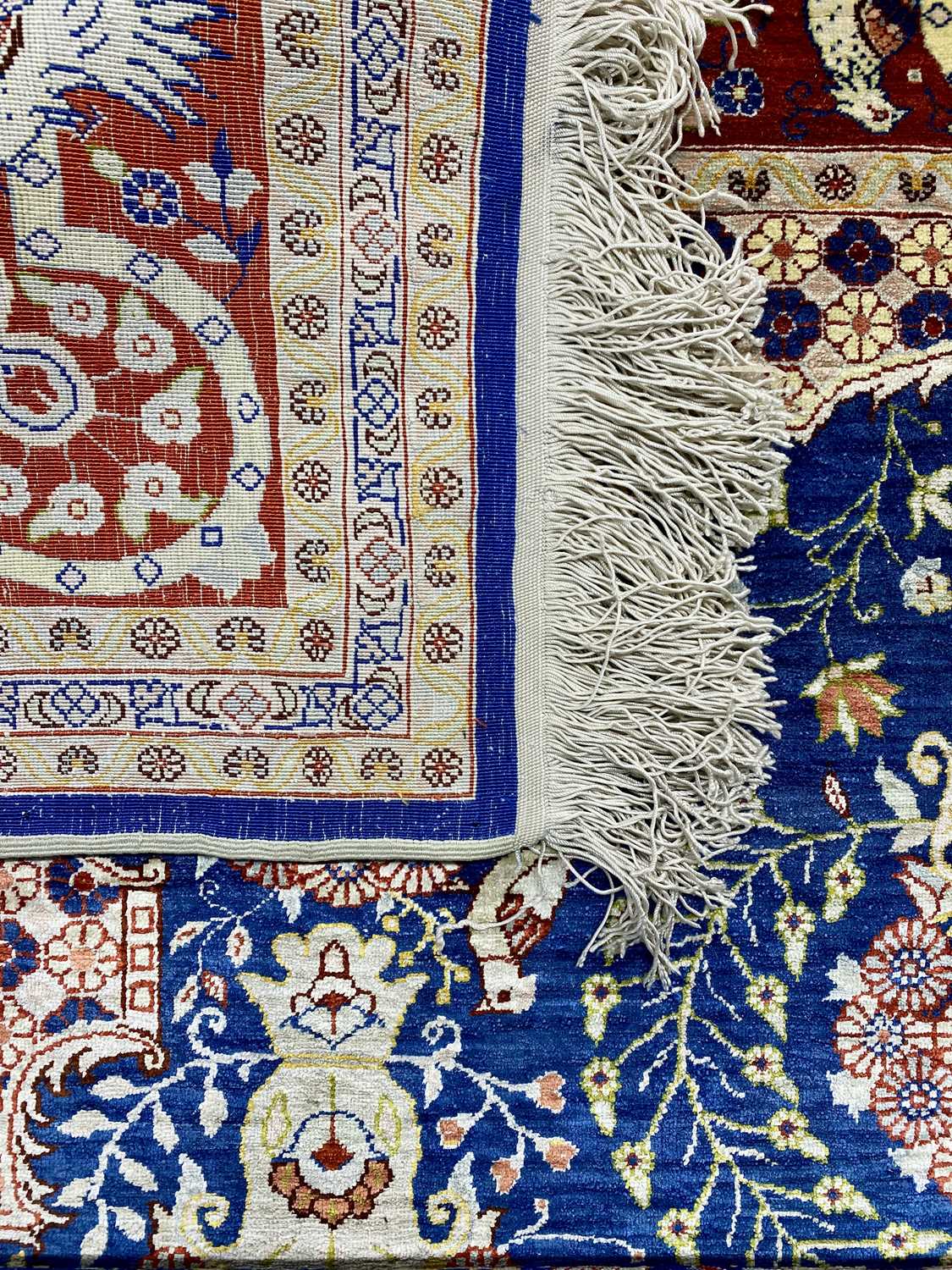 TURKISH HAND MADE SILK CARPET, blue, red and cream ground, centre field with oval medallion, birds - Image 3 of 3