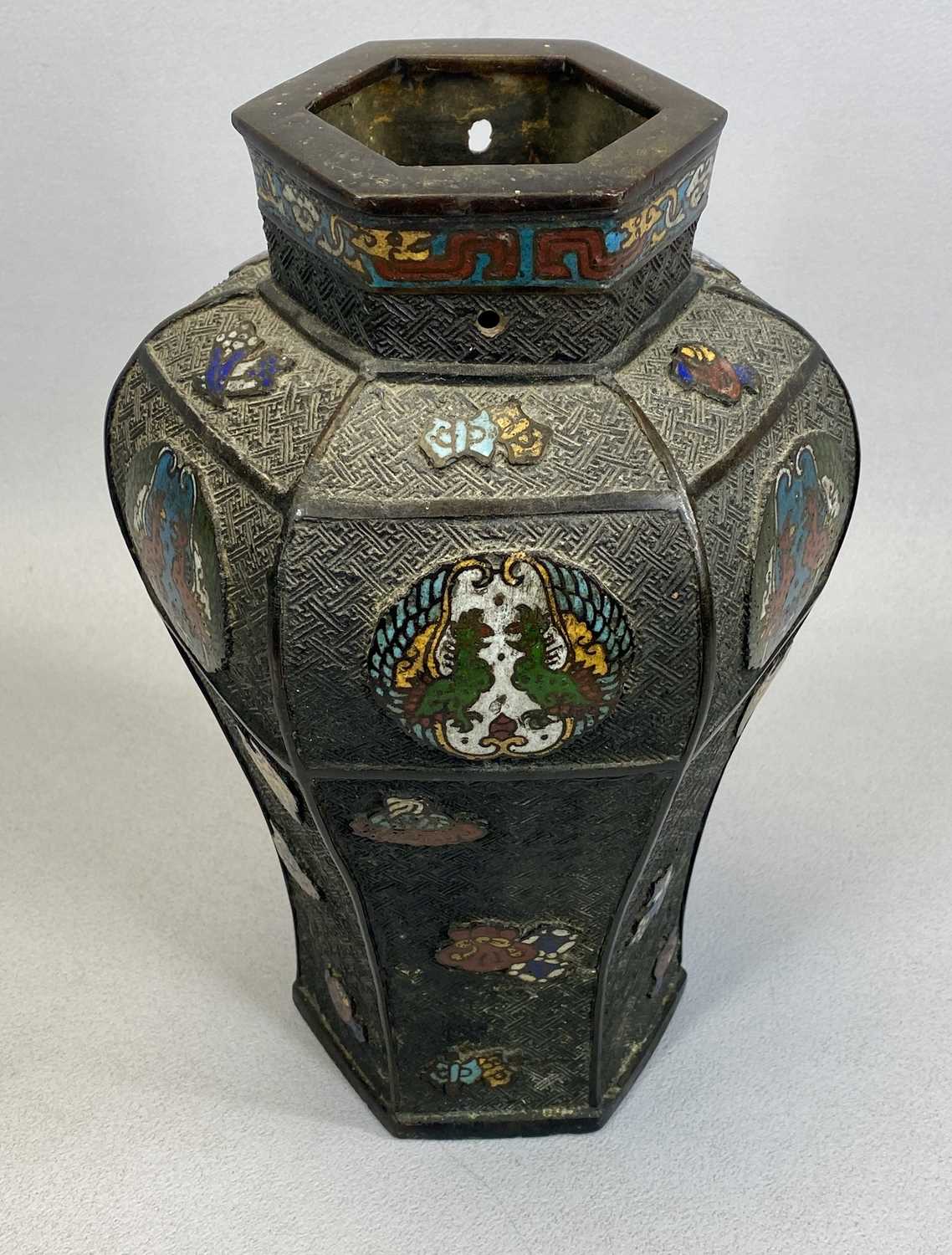 CHINESE BRONZE & CHAMPLEVE ENAMEL VASE LATE 19TH/EARLY 20TH CENTURY, of hexagonal baluster form, - Image 3 of 3