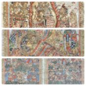 BALINESE KAMASAN PAINTINGS ON CLOTH three panels mythological scenes, 89 x 63cms, 60 x 45cms and