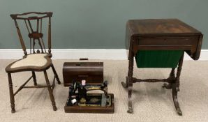ANTIQUE TABLE, CHAIR & SEWING MACHINE comprising Victorian mahogany twin flap work table, single