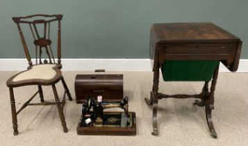 ANTIQUE TABLE, CHAIR & SEWING MACHINE comprising Victorian mahogany twin flap work table, single