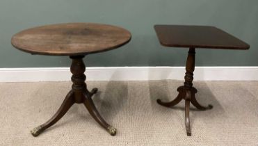 TWO ANTIQUE MAHOGANY TILT-TOP TRIPOD TABLES one with circular top, bulbous turned column, splayed