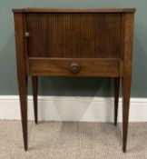 GEORGIAN MAHOGANY NIGHT CABINET, shaped top, side carry apertures, tambour front sliding door,