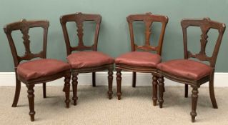 FOUR REXINE SEATED DINING CHAIRS, carved backs, turned supports, 88 (h) x 46 (w) x 42cms (d)
