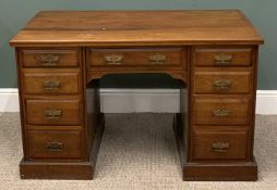 SATIN WALNUT KNEE HOLE DESK, chamfered drawer fronts, central frieze drawer, twin banks of four