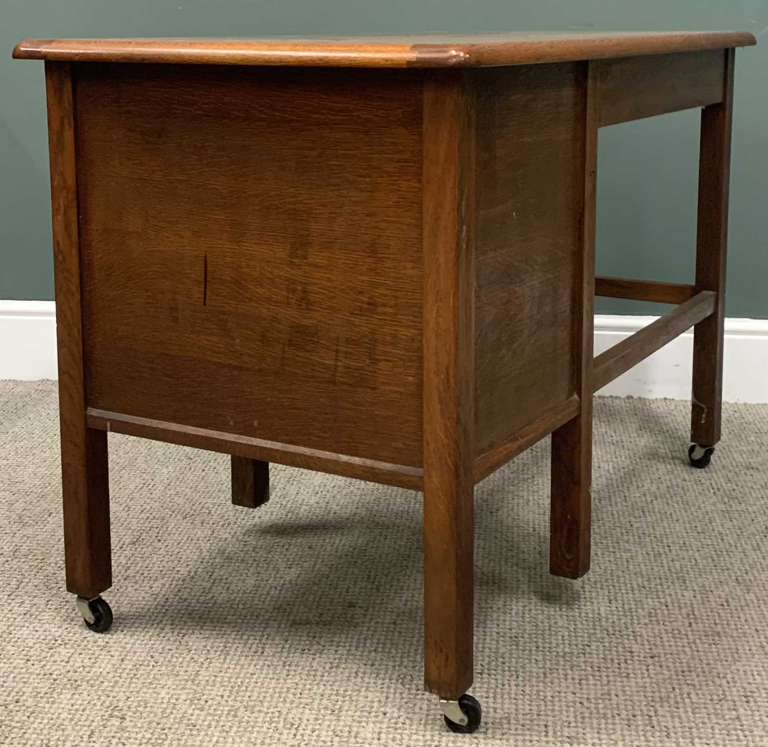 VINTAGE OAK DESK & CHAIR, upper slide, three opening drawers, open end square upright, modern - Image 4 of 6