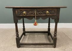 ANTIQUE OAK HALL TABLE with moulded edge top, carved front single frieze drawer, brass roundels,