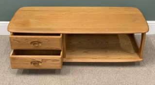 BELIEVED ERCOL "MINERVA" LIGHT ELM TV STAND, rectangular top, two base drawers and shelf on castors,