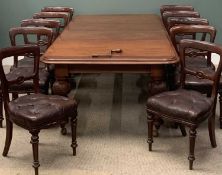 VICTORIAN MAHOGANY WIND OUT DINING TABLE & A SET OF TEN CHAIRS, rounded corner top, two additional