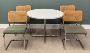 MODERN BREAKFAST TABLE & FOUR CHAIRS, circular white melamine top table with chrome pedestal, 75 (h)
