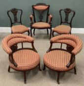 MAHOGANY HARLEQUIN FIVE PIECE PARLOUR SUITE, circa 1900, comprising armchair, curved back, carved