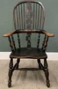19TH CENTURY STAINED ASH & ELM WINDSOR ARMCHAIR, turned spindle hoop back, pierced central splat,