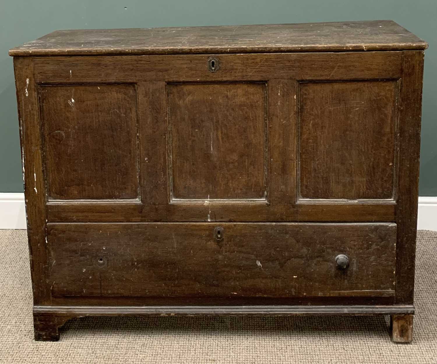 WELSH SCUMBLED PINE MULE CHEST. 19th Century, three recess panels above base drawer, 100 (h) x